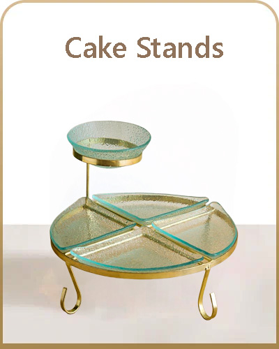 Two-tier glass cake stand with golden metal legs for serving desserts and snacks