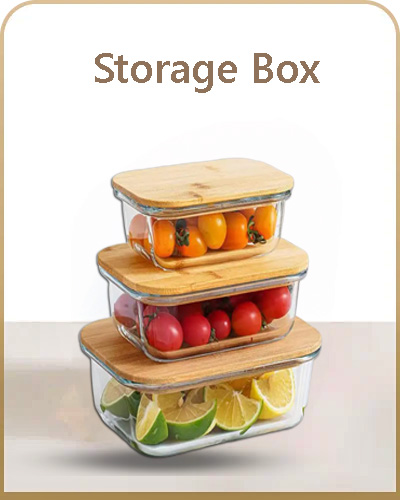 Stacked glass storage boxes with wooden lids holding fruits and vegetables