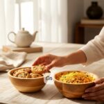 Handcrafted wooden bowl set placed on a dining table with fresh oranges and bread pieces in a cozy kitchen setting.