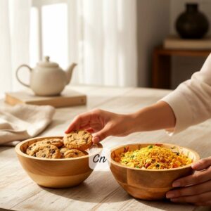 Handcrafted wooden bowl set placed on a dining table with fresh oranges and bread pieces in a cozy kitchen setting.